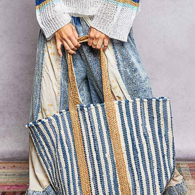 Cotton Weave Stripe Denim Tote Bag