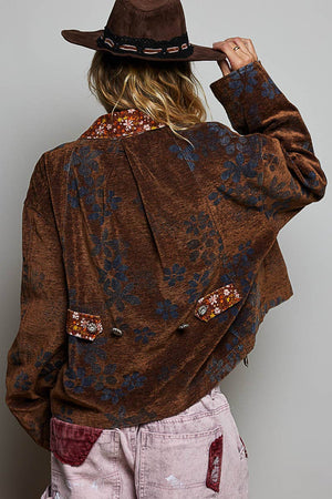 Floral Print Collared Long Sleeve Back Yoke Zip-Up Jacket: RUSTIC MOCHA
