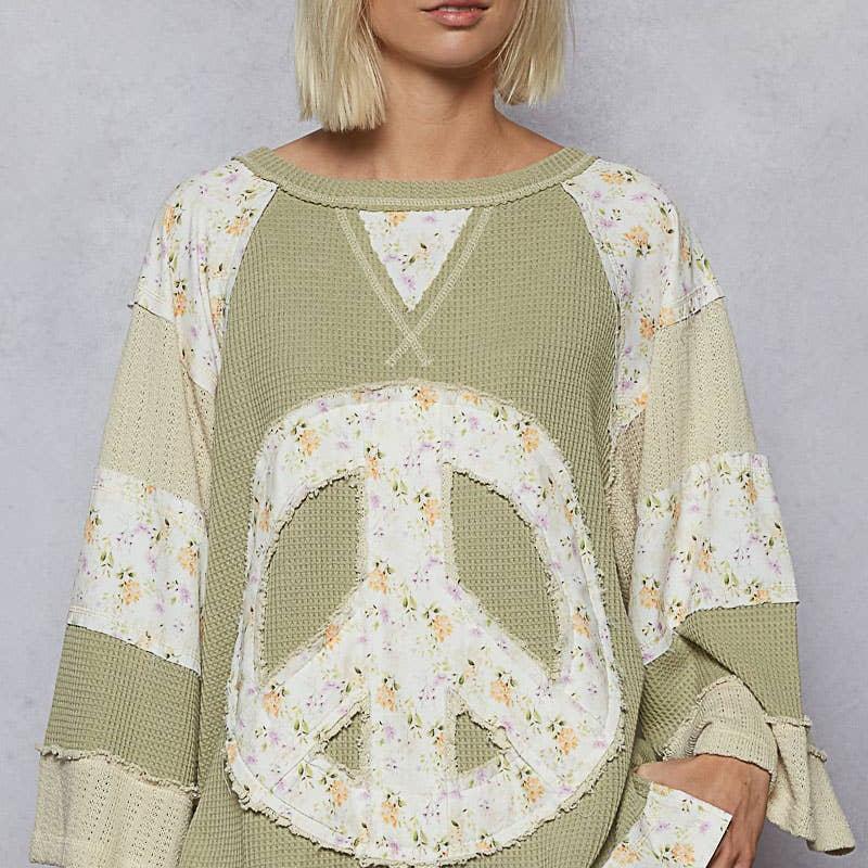 Round Neck Printed Peace Patch Overlock Stitch Knit Top: SOFT SAGE