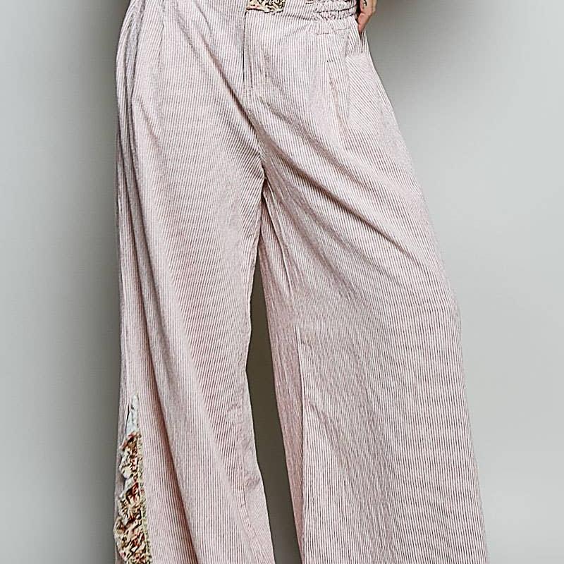 High Rise Floral Patch Ruffle Wide Leg Pants: PINK STRIPE