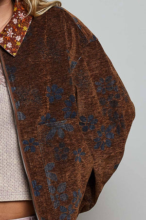 Floral Print Collared Long Sleeve Back Yoke Zip-Up Jacket: RUSTIC MOCHA