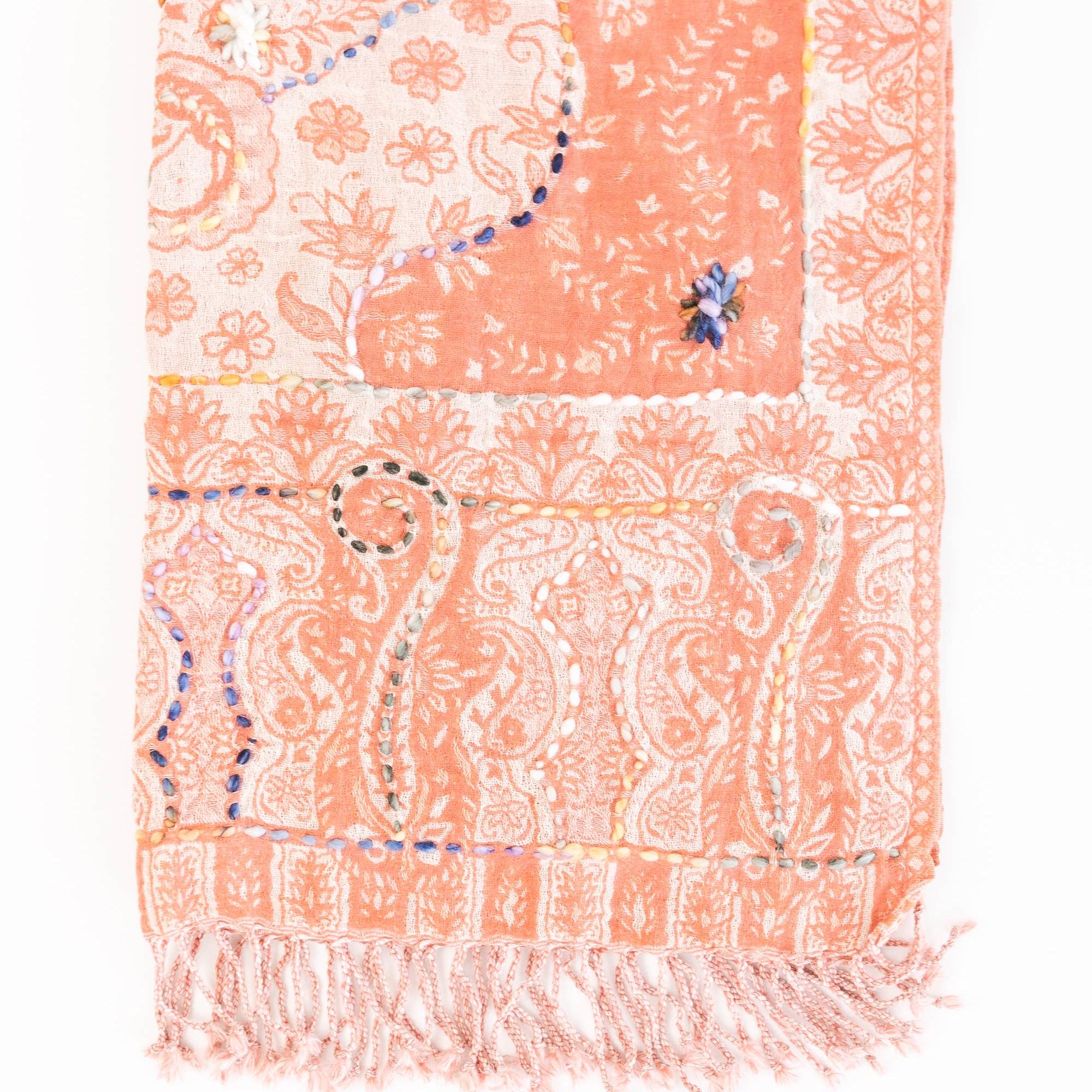 Woven Embroidered Women's Wool Wrap: Salmon