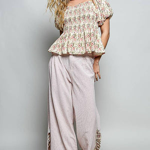 High Rise Floral Patch Ruffle Wide Leg Pants: PINK STRIPE