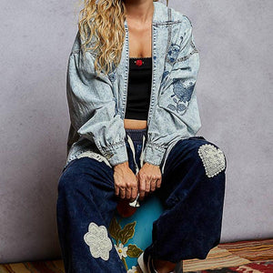 Vintage washed solid embroidery denim jacket