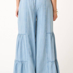 WASHED CHAMBRAY TIERED WIDE LEG BUTTON FRONT PANTS: LT DENIM