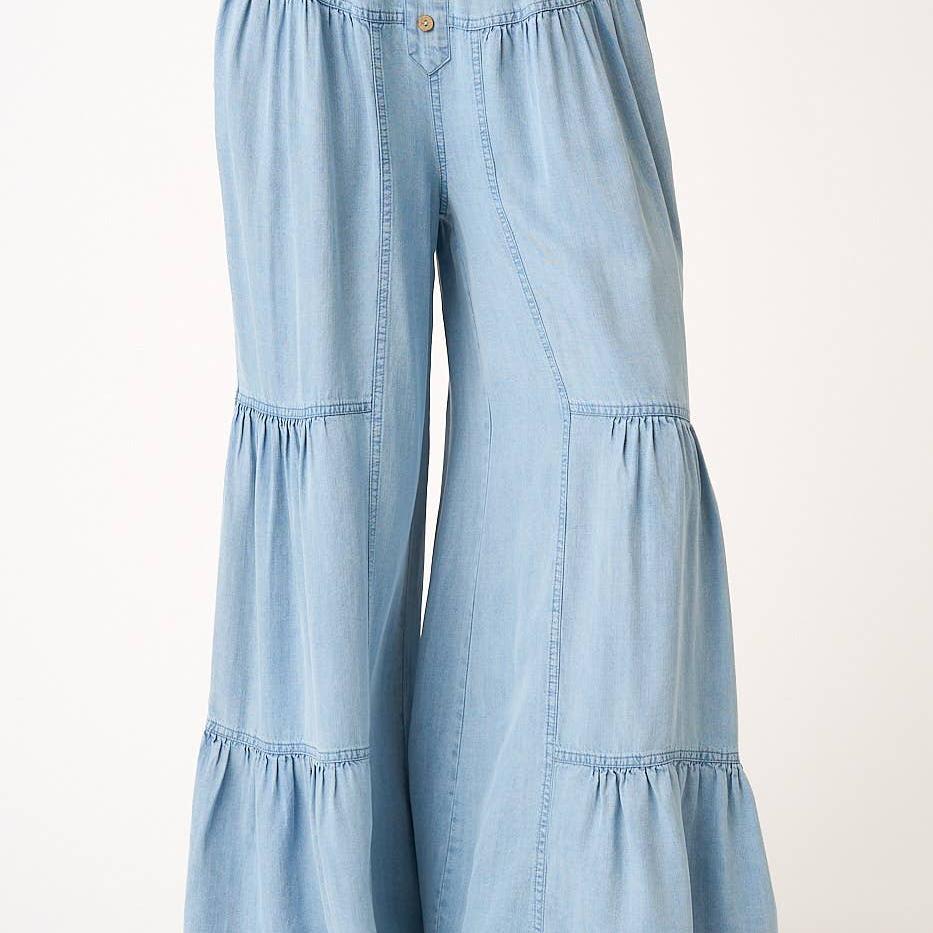 WASHED CHAMBRAY TIERED WIDE LEG BUTTON FRONT PANTS: LT DENIM