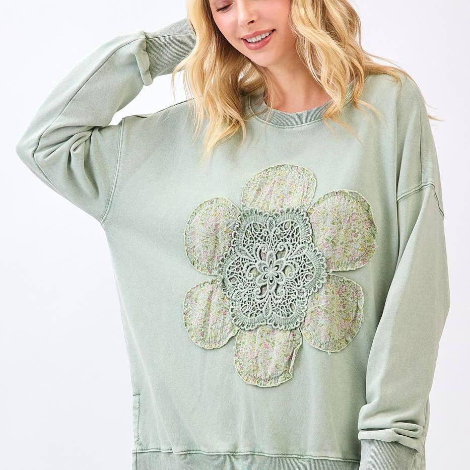 Flower Patch Mineral Wash Top: Sage