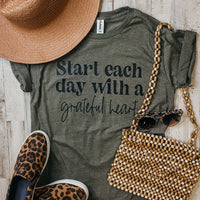 Start Each Day With A Grateful Heart (Heather Military Green Tee)
