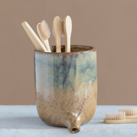 Stoneware Toothbrush/Sponge Holder with Drip Spout, Reactive Glaze