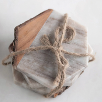 4" Hexagon Marble and Acacia Coasters, Set of 4